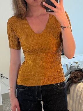 Mustard Yellow Ribbed V-Neck Short Sleeve Top